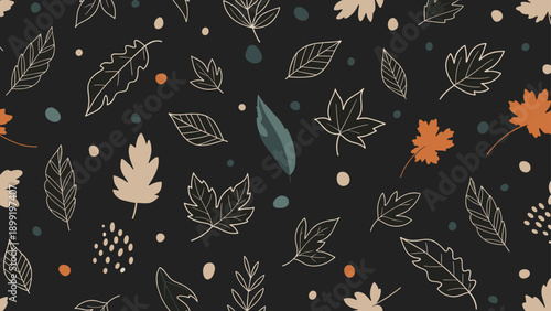 Seamless autumn pattern featuring a variety of leaves in earthy tones and line art styles on a dark charcoal gray background.