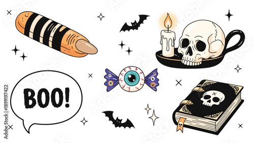 Collection of spooky halloween icons including a severed finger candle with a skull candy eyeball bats and an ancient spell book.