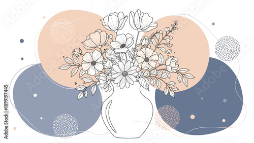 Line art bouquet of various flowers in a simple vase set against a background of soft pastel circles and dotted lines for a modern feel.
