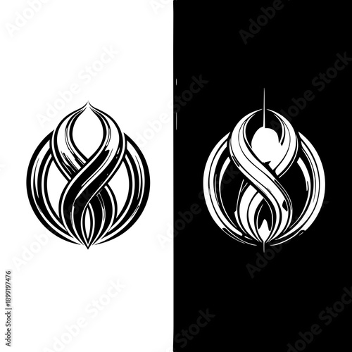 Intricate black and white earrings with symmetrical designs and dangling elements Vector