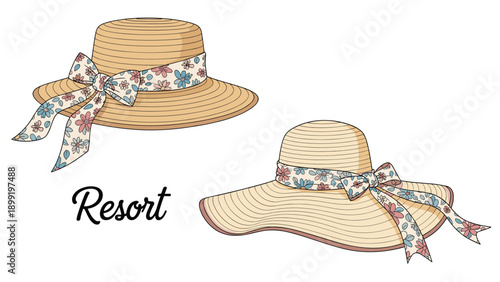 Two stylish straw sun hats for a resort vacation featuring blue and pink floral ribbons and bows isolated on a plain white background.