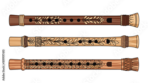 Three traditional wooden flutes decorated with intricate leaf and geometric patterns shown horizontally on a plain white background.
