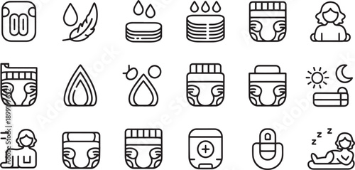 Collection of baby diaper and related care icons on transparent background