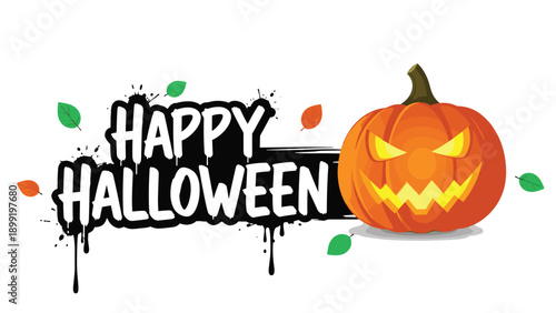 Happy halloween text in a bold graffiti style with black drips beside a carved jack o lantern pumpkin and falling autumn leaves.