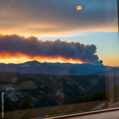 Wildfire Sunset Over Mountain Range.