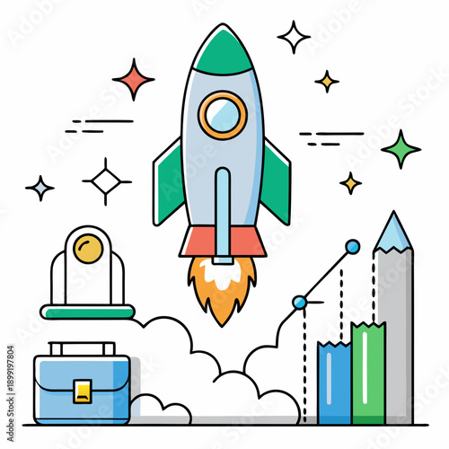 A vibrant illustration of a rocket launching into space with various celestial bodies Vector