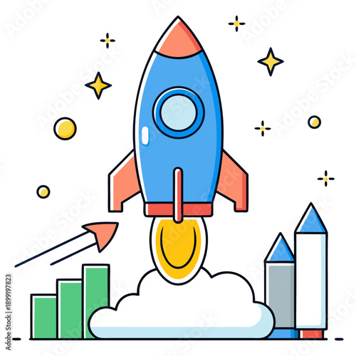 A vibrant and dynamic illustration of a rocket launching amidst colorful stars and buildings. Vector