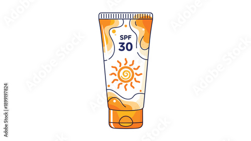 Bottle of sunscreen with spf 30 protection featuring an orange and white sun design isolated on a plain white background.