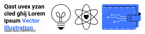 Technology, innovation, digital finance, energy, creativity, and science. Minimalistic light bulb, atom with a heart and a digital wallet icon. Technology and innovation