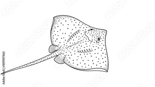 Detailed line art drawing of a spotted stingray swimming gracefully shown in a top down perspective on a clean white background.