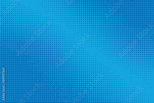 A vibrant blue background featuring a halftone dot pattern fading to darker shades