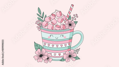 Cute kawaii style hot chocolate mug with marshmallows and pink flowers on soft pink background for cozy winter or spring vibes.