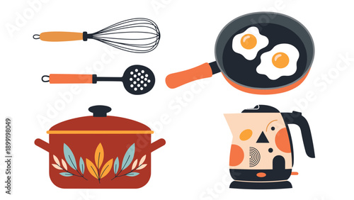 Collection of modern kitchen utensils including frying pan with fried eggs, pot, kettle, whisk, and slotted spoon for cooking.