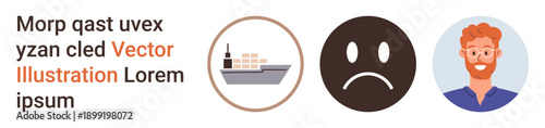 Logistics, emotions, workplace, global business, career, communication. A ship, a sad face and a smiling person. Logistics and emotions in minimalist design for diverse contexts