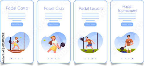 Set of smartphone screens with characters playing padel.