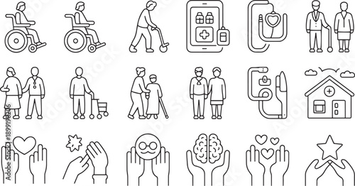 Diverse Icons Representing Senior Care and Medical Assistance Concepts