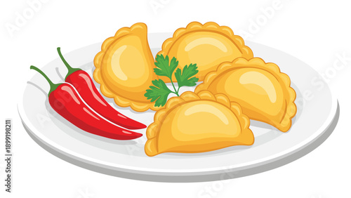 Delicious plate of traditional dumplings served with red chili peppers and fresh parsley leaves for culinary and food design.