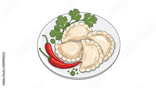 Illustration of traditional dumplings on a white plate with red hot chili peppers and coriander for restaurant menu and cooking.