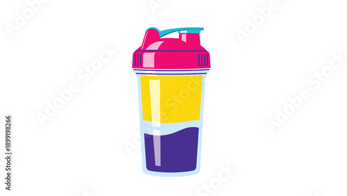 Colorful protein shaker bottle for fitness enthusiasts and athletes used for mixing supplements and hydration during gym workouts.