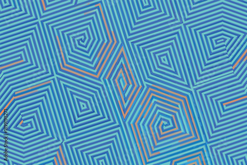 Abstract geometric pattern featuring swirling lines and contrasting blue and orange hues