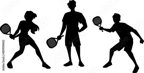 A set of black silhouettes of women and men moving with rackets.