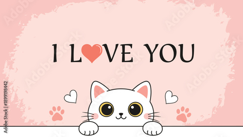 I love you text with white cute cat peeking from the bottom and pink heart on a textured pastel background for romantic greetings.