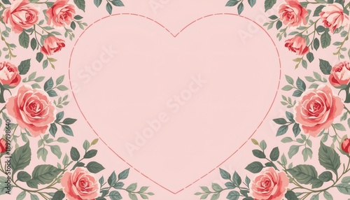 Romantic Floral Heart Frame with Roses on Soft Pink Background – Valentine Greeting Card Template Vector
