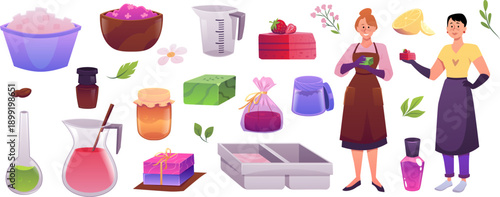 Making handmade natural soap theme illustrations vector set, bathing aromatherapy cosmetic product workshop collection