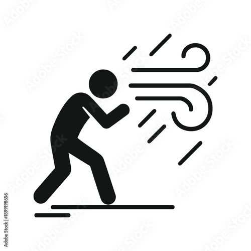 struggling against strong wind, air blowing silhouette vector icon on white background