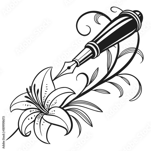 Elegant Pen with Flower Decorative Black and White Vector Illustration