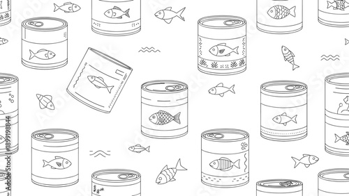 Hand drawn seamless pattern of fish cans and loose fish for vintage seafood market and grocery store branding illustrations.