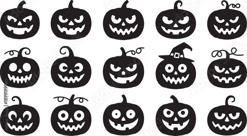 Collection of Spooky Halloween Pumpkin Silhouettes with Various Faces