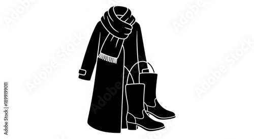 Stylish winter ensemble featuring a long black coat, a cozy scarf, and chic knee-high boots, perfect for cold weather fashion and seasonal wardrobe additions