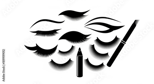 Collection of artificial eyelashes and eyeliner for makeup application and beauty enhancement