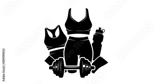 Fitness and workout icons featuring activewear, dumbbells, and a water bottle, representing a healthy lifestyle and gym activities