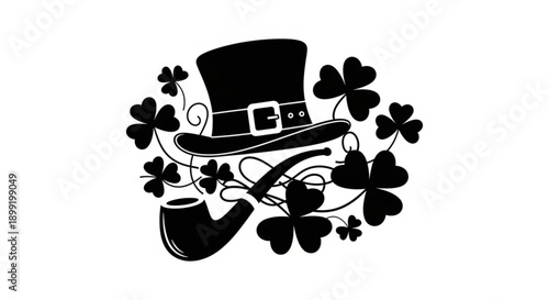 Monochrome illustration depicting iconic Irish cultural symbols, including a classic top hat, traditional pipe, and lucky shamrock leaves, ideal for festive designs and heritage themes