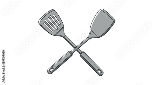 Pair of crossed kitchen spatulas in grey color for cooking culinary arts and restaurant equipment related designs.