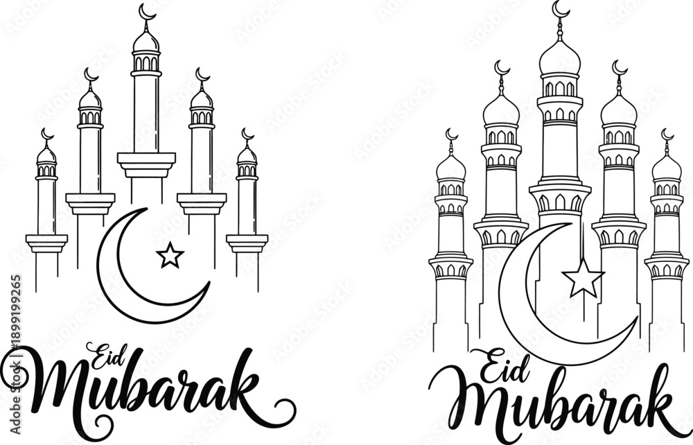 Fototapeta premium Eid mubarak illustration featuring mosque outlines crescent moon and star symbols