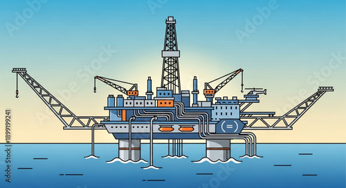 Offshore oil rig platform illustration in the ocean.