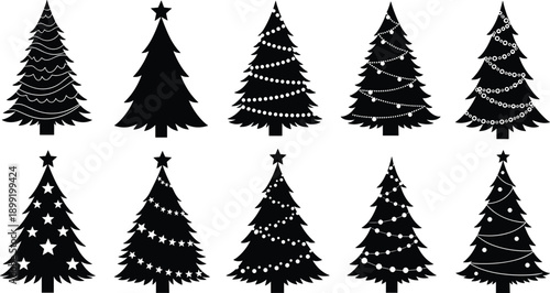 Black silhouette collection of decorative Christmas trees with stars and lights for holiday celebration and winter season design, isolated on white