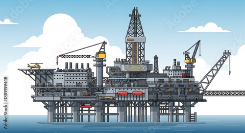 Offshore oil rig platform illustration in the ocean.