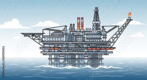 Offshore oil rig platform illustration in the ocean.