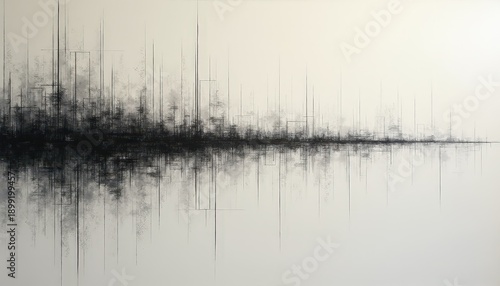 Abstract monochrome cityscape with sharp vertical lines and scattered particles on a light background with reflection