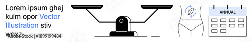 Health awareness, routine checkups, fitness goals, annual planning, weighing options, decision-making. Balance scale, human silhouette and calendar elements. Health awareness and annual planning