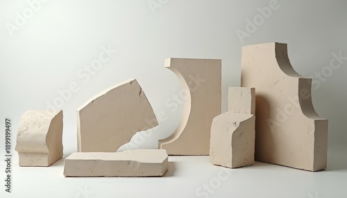 Abstract geometric concrete sculptures with rough textured surfaces arranged on a plain white background with soft