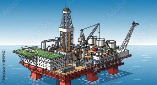 Offshore oil rig platform illustration in the ocean.