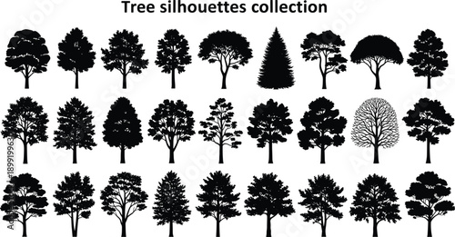 Black silhouette collection of different deciduous and coniferous trees for nature landscape and environmental forestry design isolated on a white background