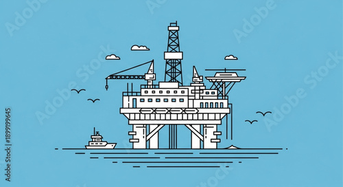 Offshore oil rig platform illustration with boat and birds.