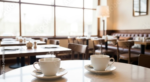Wallpaper Mural Two steaming cups of coffee on a white table in a bright cafe with large windows Torontodigital.ca