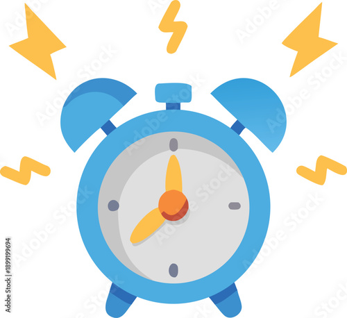 A blue alarm clock rings loudly surrounded by bright yellow lightning bolts